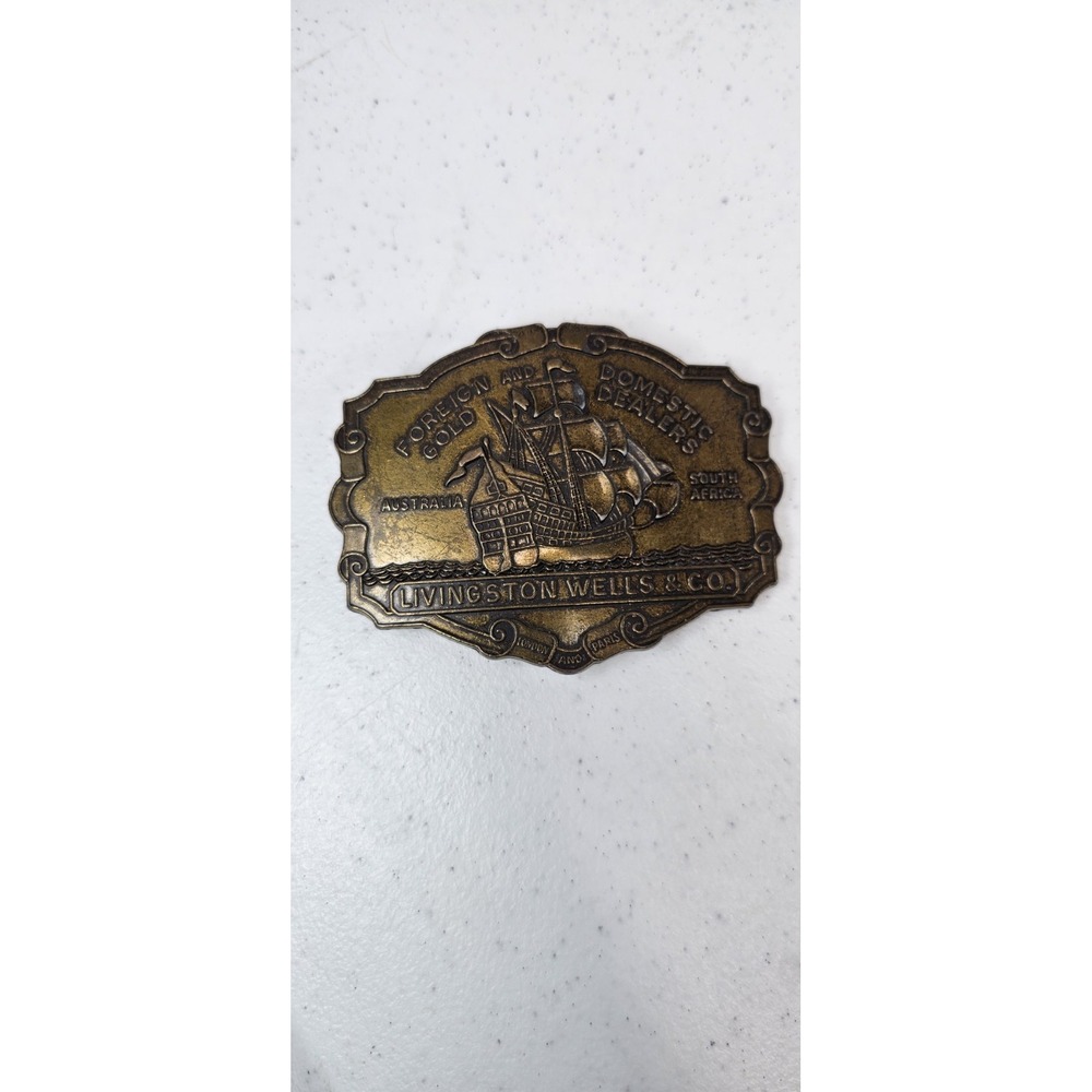 Vintage Livingstone Wells & Co Ship Belt Buckle Brass Tone Foreign Gold Dealers